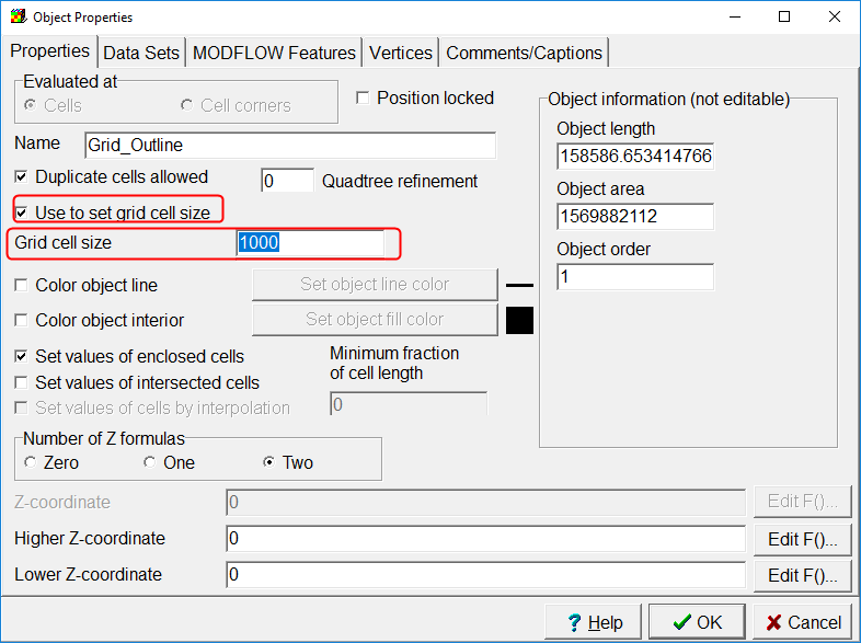 Specify desired grid size in the Object Properties dialog box.