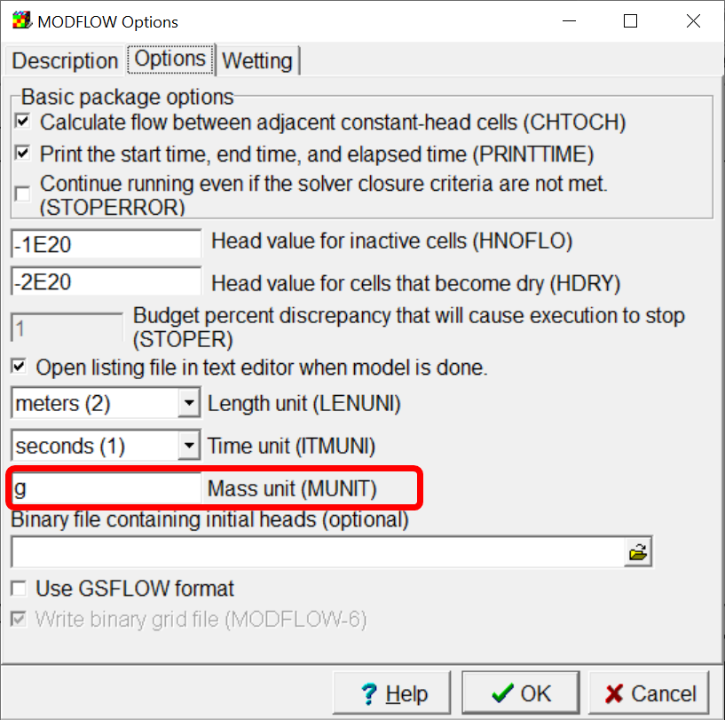 MODFLOW Options dialog box showing mass units for MT3DMS.