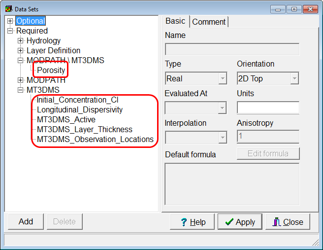 Edit Data Sets dialog box showing data sets required by MT3DMS