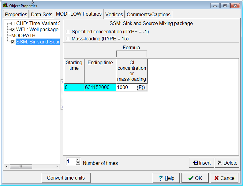 Object Properties dialog box showing the source concentration