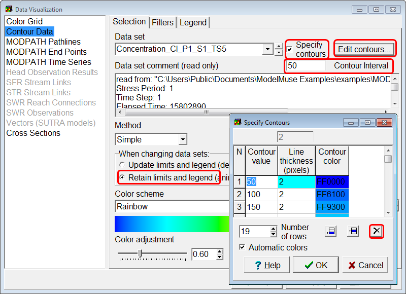 Data Visualization dialog box showing the contour pane and the Specify Contours dialog box.