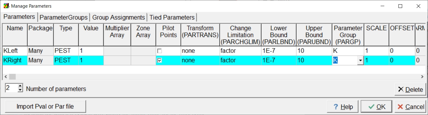 Screen capture of the Manage Parameters dialog box with two parameters defined.