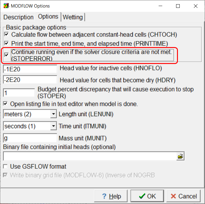 Screen capture of the MODFLOW Options dialog box with the STOPERROR option highlighted.
