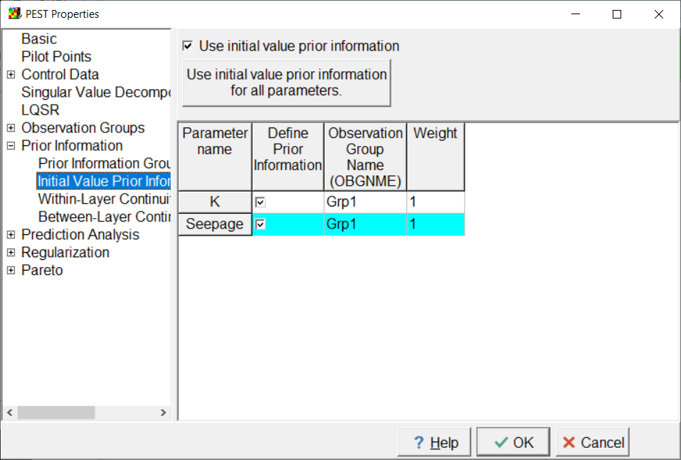 Screen capture of the PEST Properties dialog box showing the assignment of parameters to a prior information group.