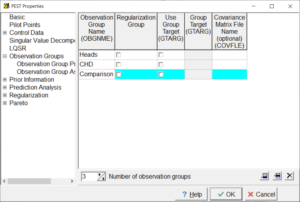 Screen capture illustrating the definition of the observation groups.