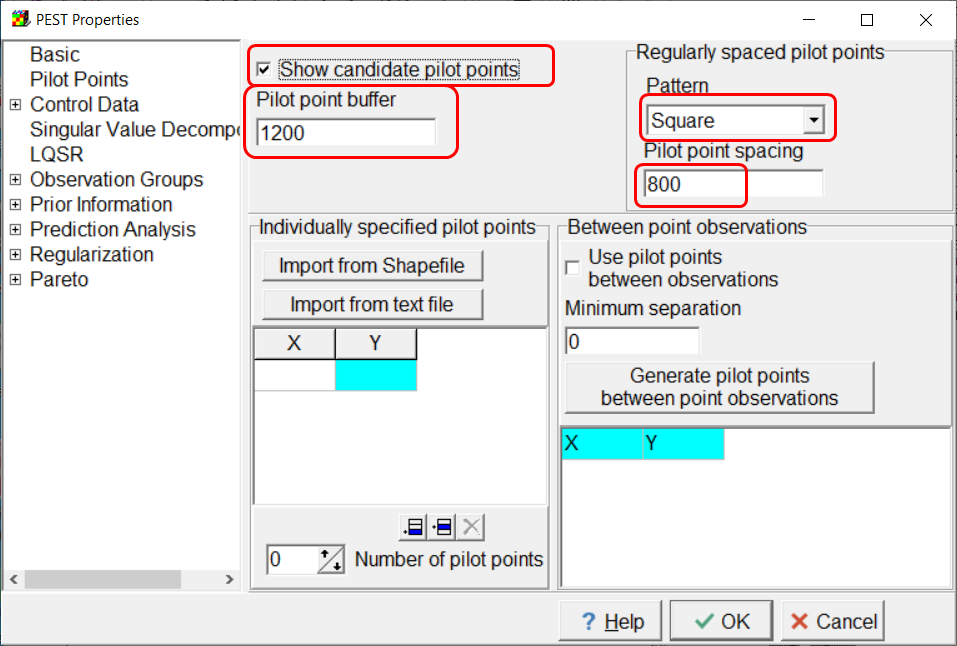 Screen capture of the PEST Properties dialog box showing options for pilot points.