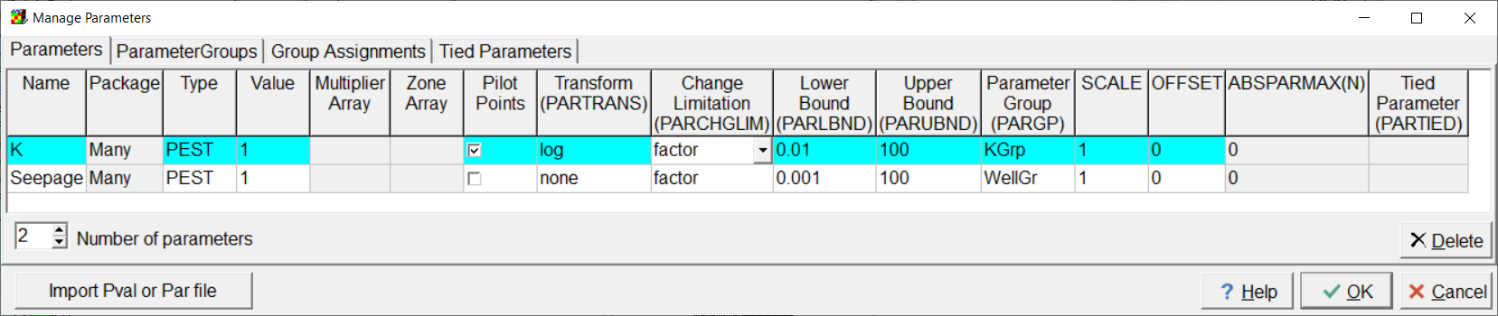 Screen capture of the Manage Parameters dialog box showing properties assigned to K and Seepage parameters.