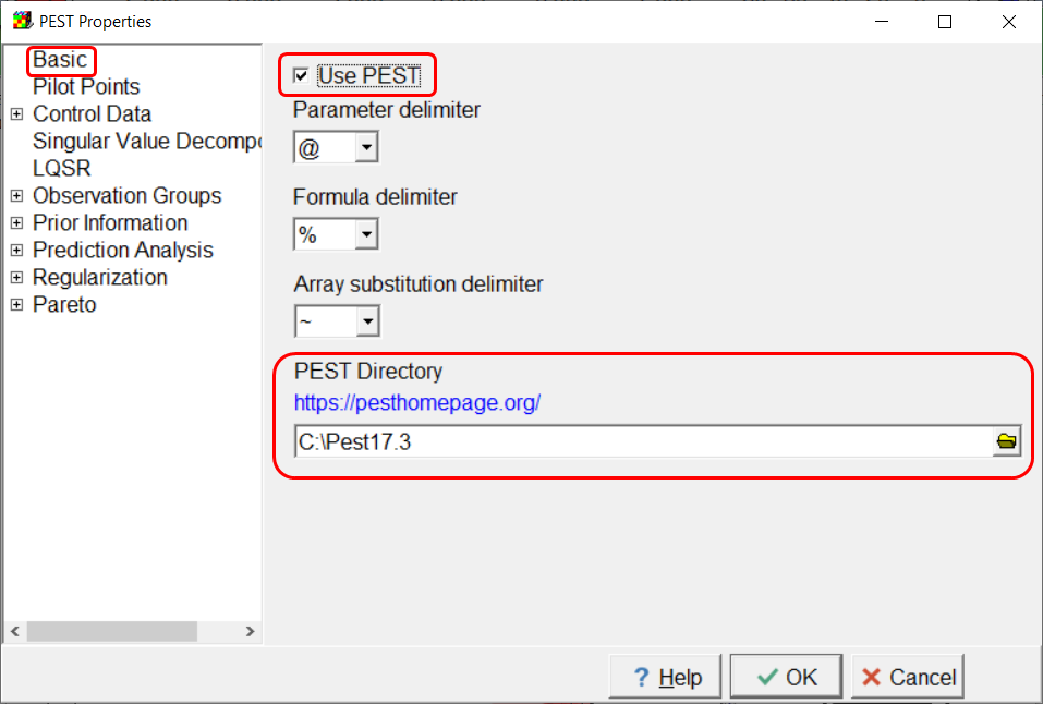 Screen capture of the PEST Properties dialog box illustrating activating PEST.