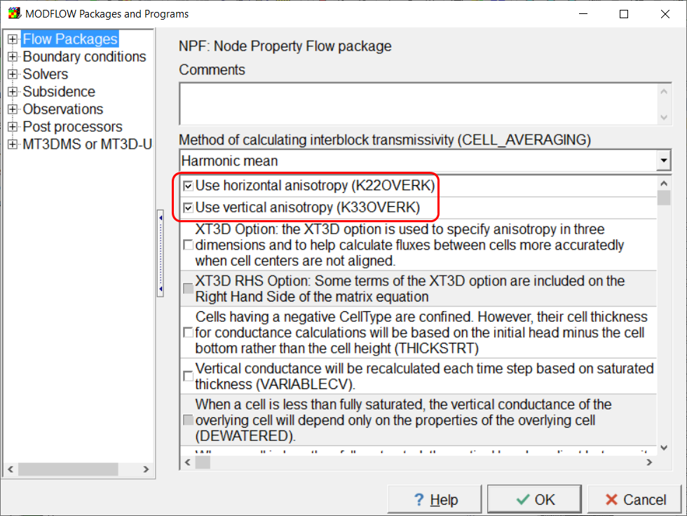 Screen capture of the MODFLOW Packages and Programs dialog box illustrating activating the options to use horizontal and vertial hydraulic conductivity.