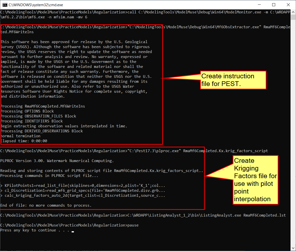Annotated screen capture identifying purposes of commands in the RunModflow.bat batchfile.