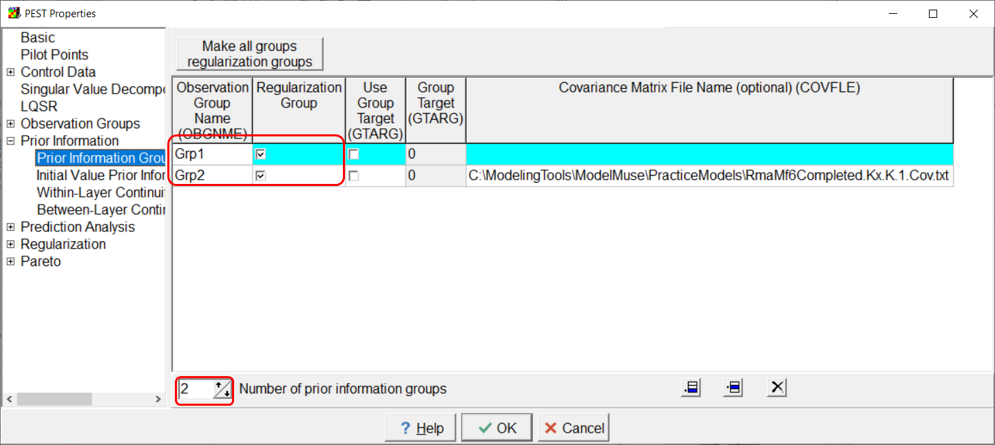 Screen capture of the PEST Properties dialog box after creating a new prior information group.