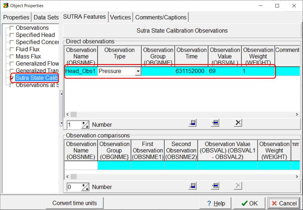 Screen capture of the Sutra State Calibration Observations pane of the Object Properties dialog box showing the specification of a head observation used for calibration.