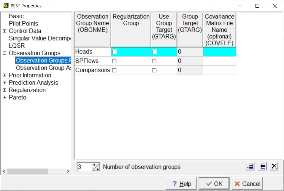 Screen capture illustrating the definition of the observation groups.