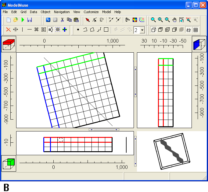 ModelMuse showing a rotated grid and objects on the top and front views.