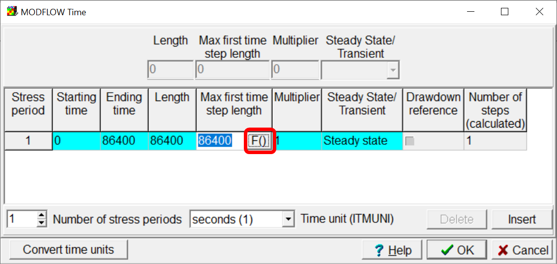 MODFLOW Time dialog box with the button to display the Time Step Calculator highlighted