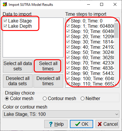 The Import SUTRA Model Results dialog box with all the data sets and times selected.