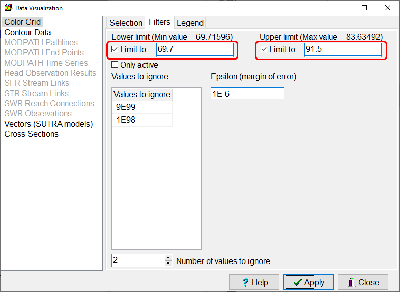 Specifying filters for data set