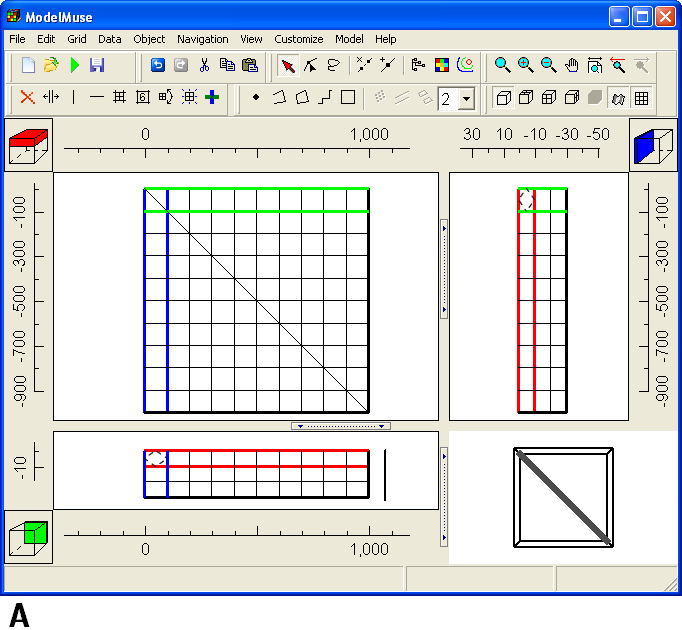 ModelMuse showing an unrotated grid and objects on the top and front views.