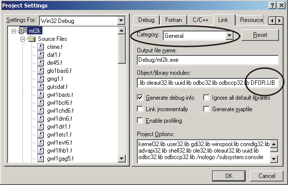 Compaq Project Settings dialog box with DFOR.LIB showing