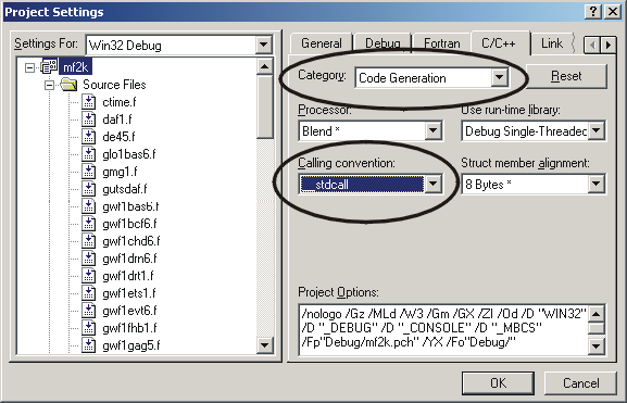 Compaq Project Settings dialog box with __stdcall selected