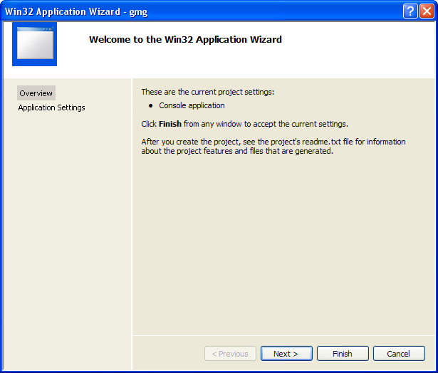 Final dialog box in the Win32 Appliation Wizard