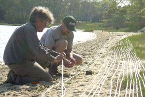  [Figure 1 - Photo: Scientists attach rope to cable.] 