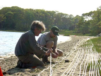  [Figure 3 - Photo: Scientists tie rope to cable.] 
