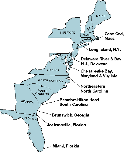 Areas of saltwater intrusion along the Atlantic coast