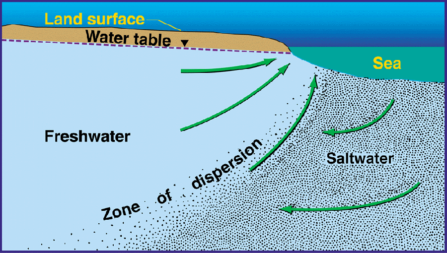 Ground-water flow patterns in an idealized coastal aquifer