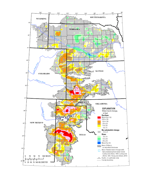  [ Map: High Plains aquifer water-level changes, predevelopment (about 1950) to 2015. ] 