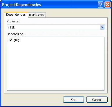 Project Dependiencies dialog box with gmg selected.
