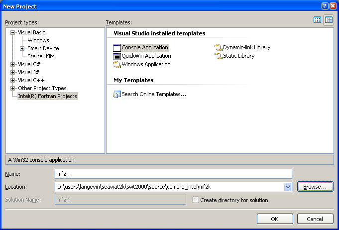 Dialog box with the Console Application selected for an Intel Fortran project