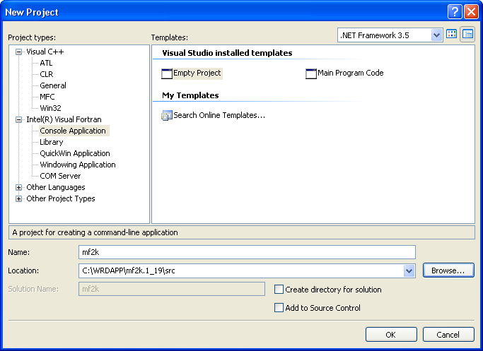 Dialog box showing how to create a new Intel Fortran Empty Project