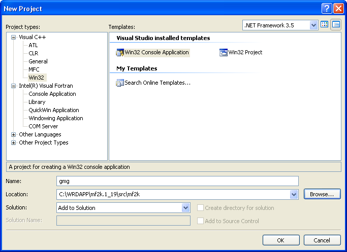 New Project dialog box with new Visual C++ Console application selected