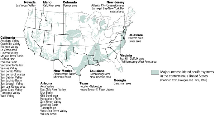  [Map: Figure 3 - Map of U.S. areas where subsidence has been attributed to compaction of aquifer systems by ground-water pumpage.] 