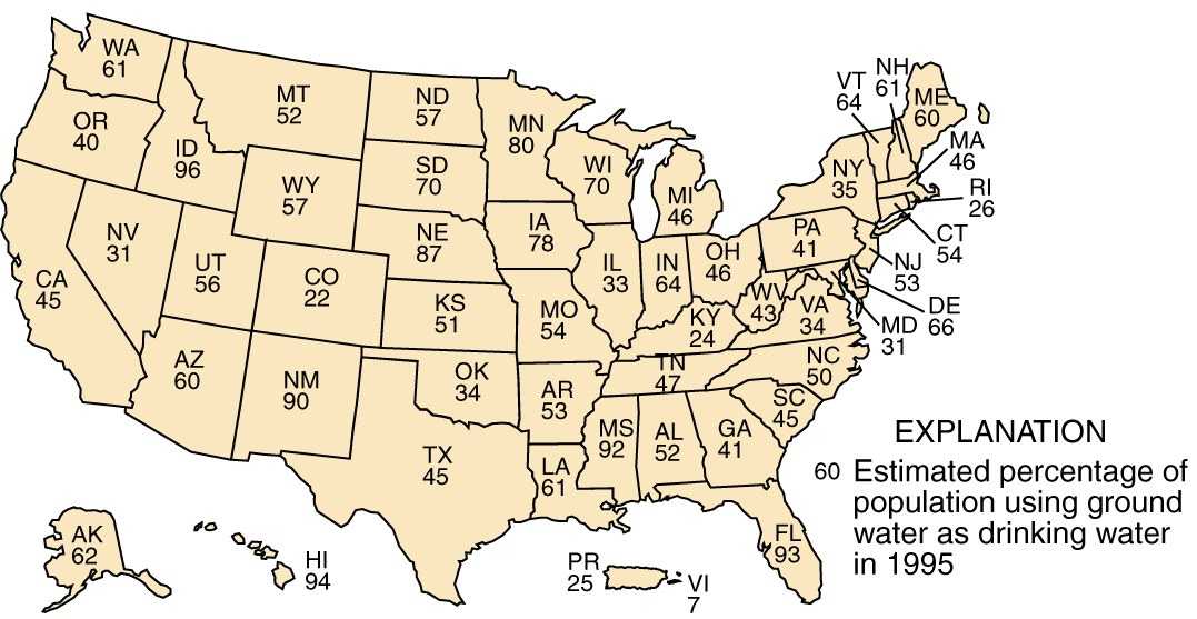  [Map: Estimated percent of population using ground water in each State, Puerto Rico, and the U.S. Virgin Islands] 