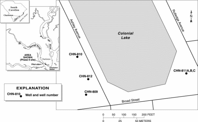 [Figure 1.  Aquifer storage recovery site and well locations, Charleston, South Carolina.] 
