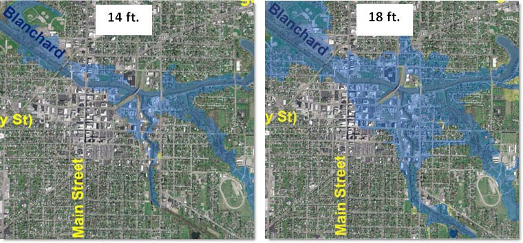 Pictures comparing flood-inundation extent at Blanchard River gage heights of 14 feet and at 18 feet.