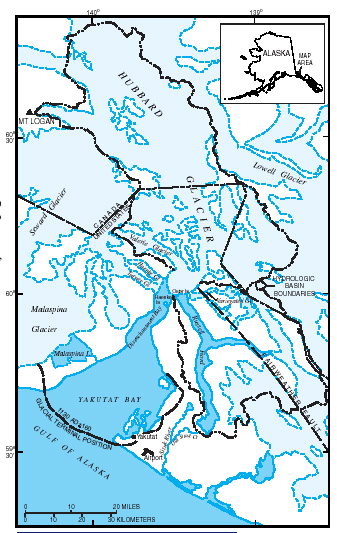 map showing Hubbard Glacier and Russell Fiord study area.