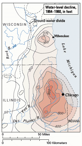 Decline in ground-water levels in the sandstone aquifer, Chicago and Milwaukee areas, 1864-1980 (Alley and others, 1999).