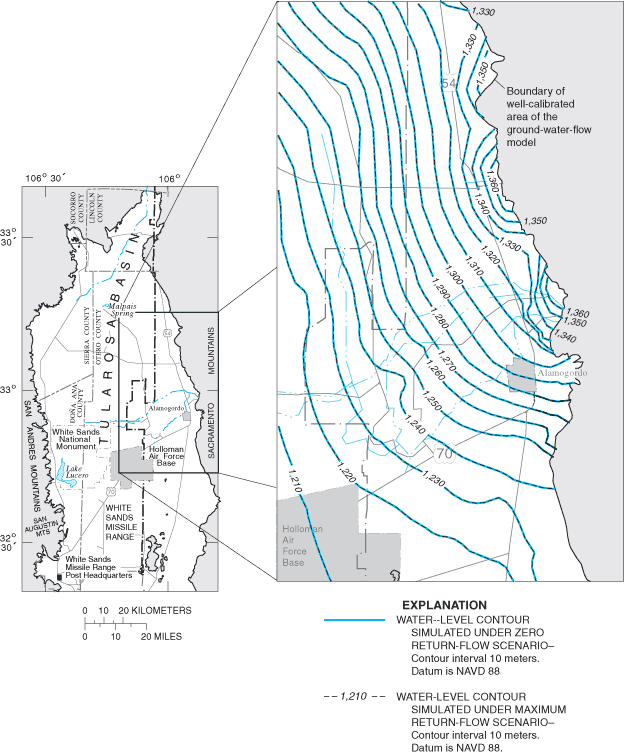 Figure 22. Contours of simulated water levels in the uppermost active model cells for the well-calibrated area of the ground-water-flow model for 1948 under the zero and maximum return-flow scenarios.
