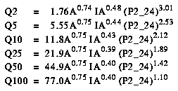 equations are used to estimate the needed peak discharges QT, in cubic feet per second, having selected recurrence intervals T