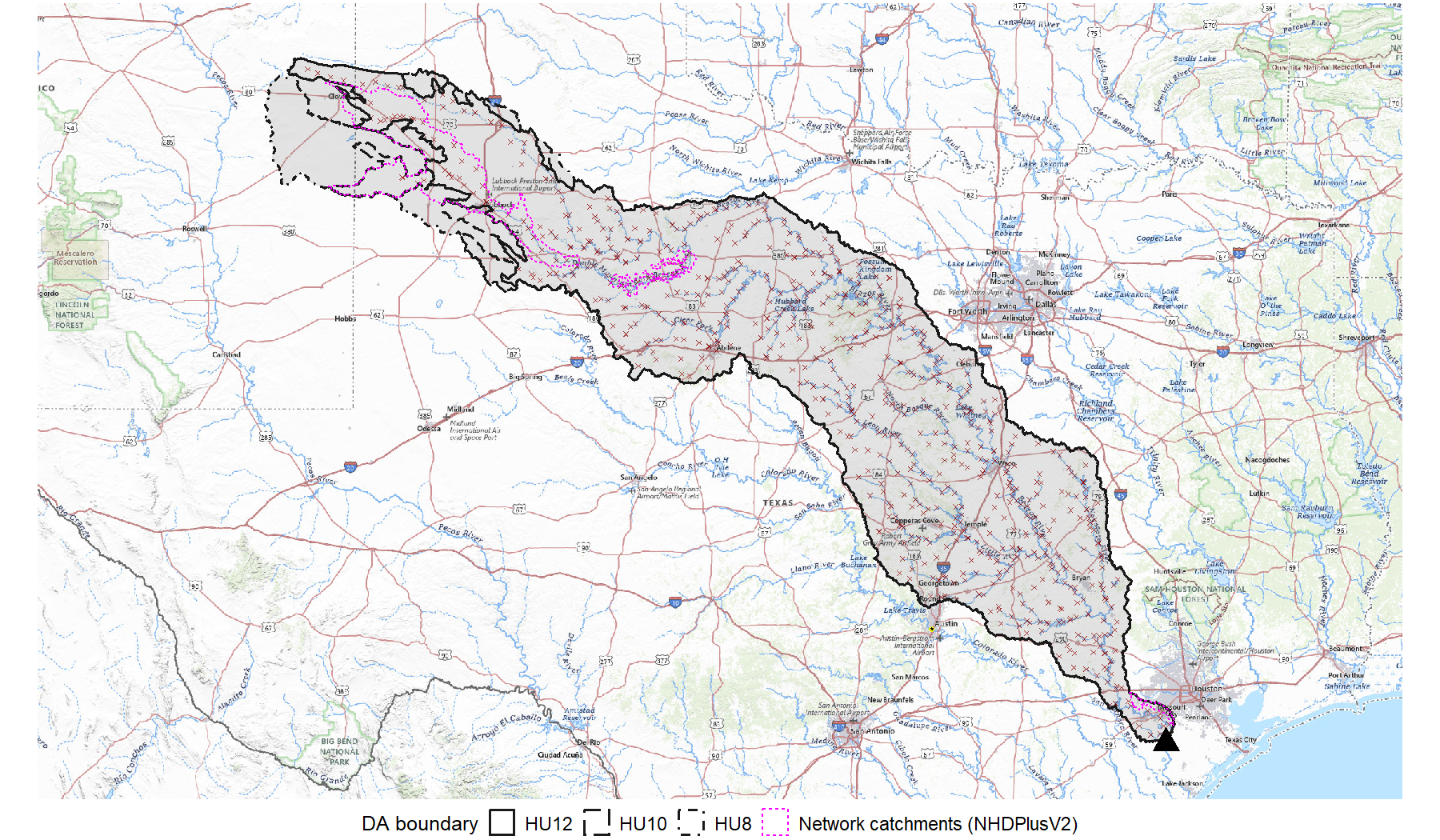 Map of the Brazos River basin at Rosharon showing drainage area boundaries from HU8, HU10, HU12, and network catchment sources. HU boundaries extend northwest into arid uplands well beyond the network catchment extent.