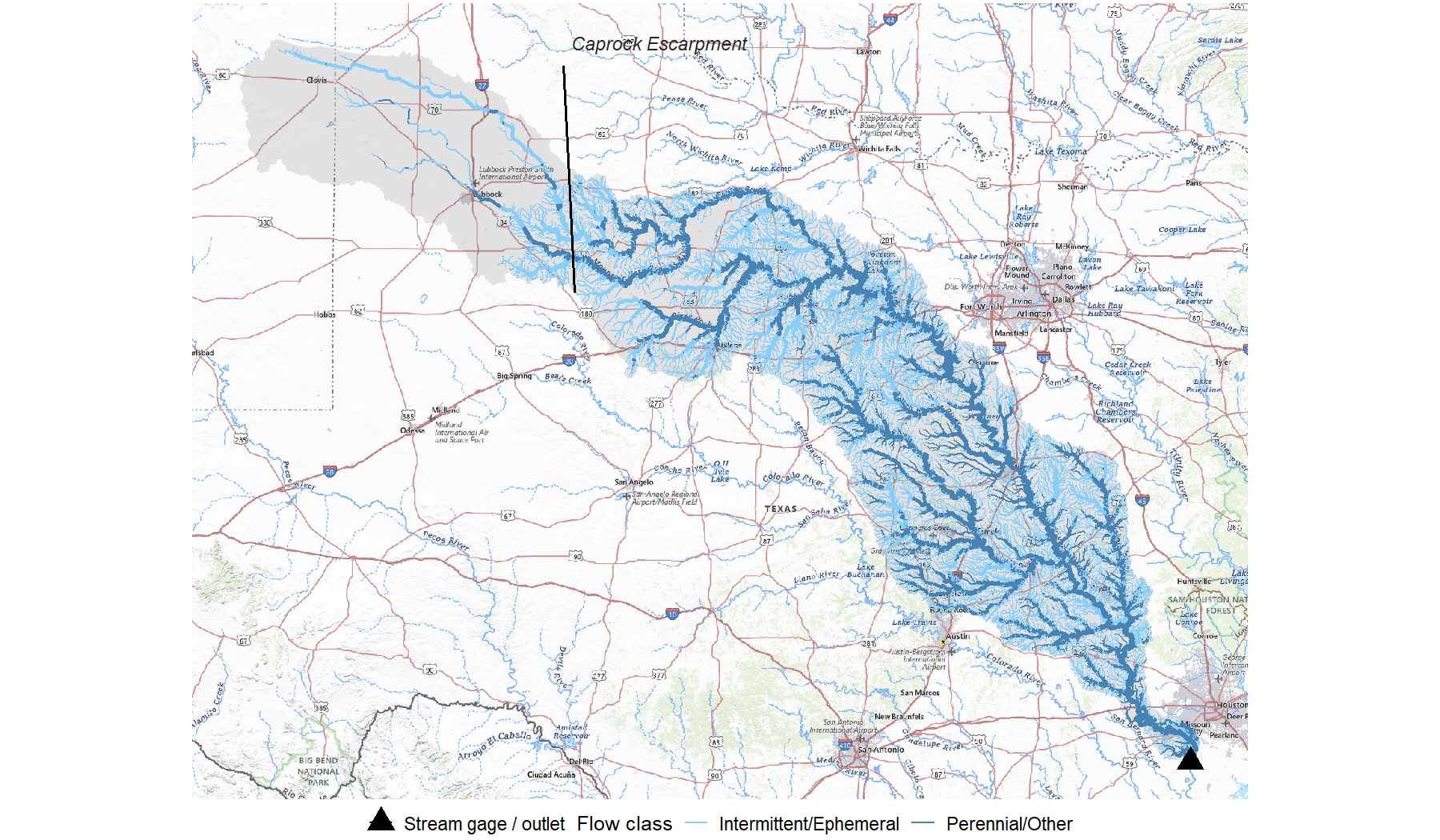 Stream network map of the Brazos River basin showing sparse intermittent and ephemeral reaches in the western uplands and a dense perennial network in the eastern portion, with a sharp transition at the Caprock Escarpment.