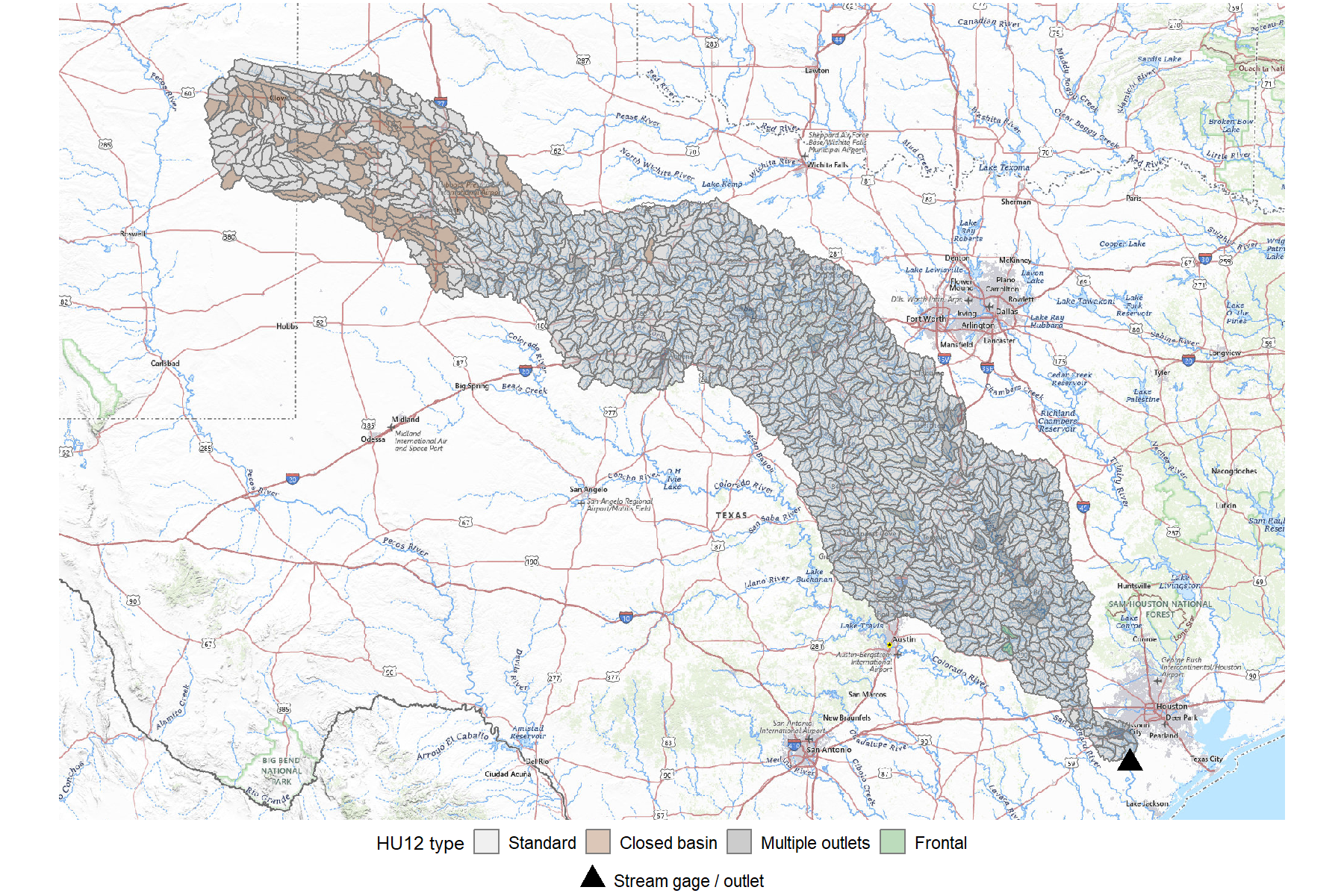 Map of the Brazos River basin showing HU12 type classification, with a cluster of brown Closed-basin units in the northwestern Llano Estacado uplands, occasional grey Multiple-outlet and green Frontal units, and light grey Standard units across the main body of the basin.