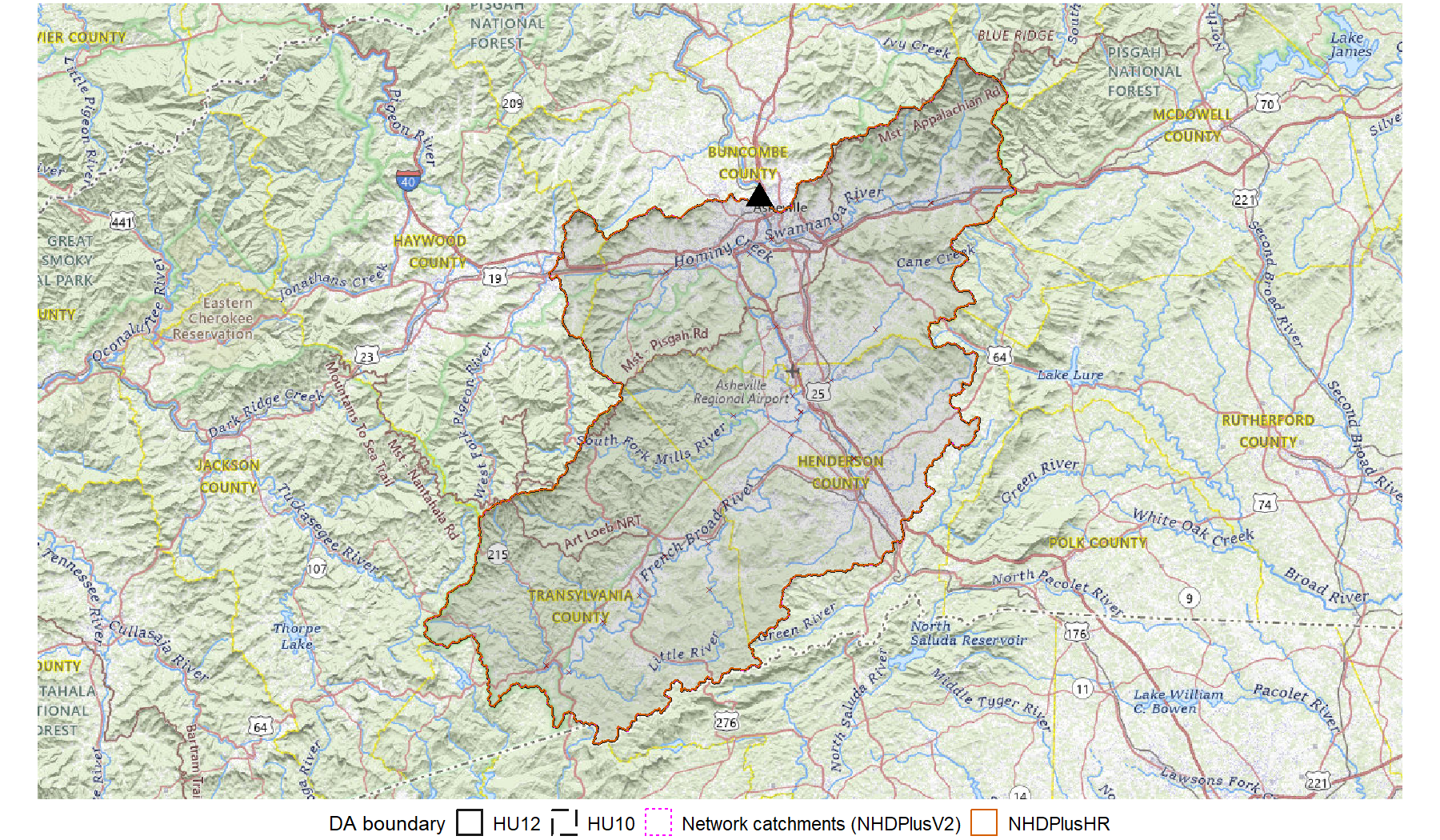 Map of the French Broad River basin at Asheville showing drainage area boundaries from HU10, HU12, and network catchment sources, all converging on the same watershed outline over Appalachian terrain.