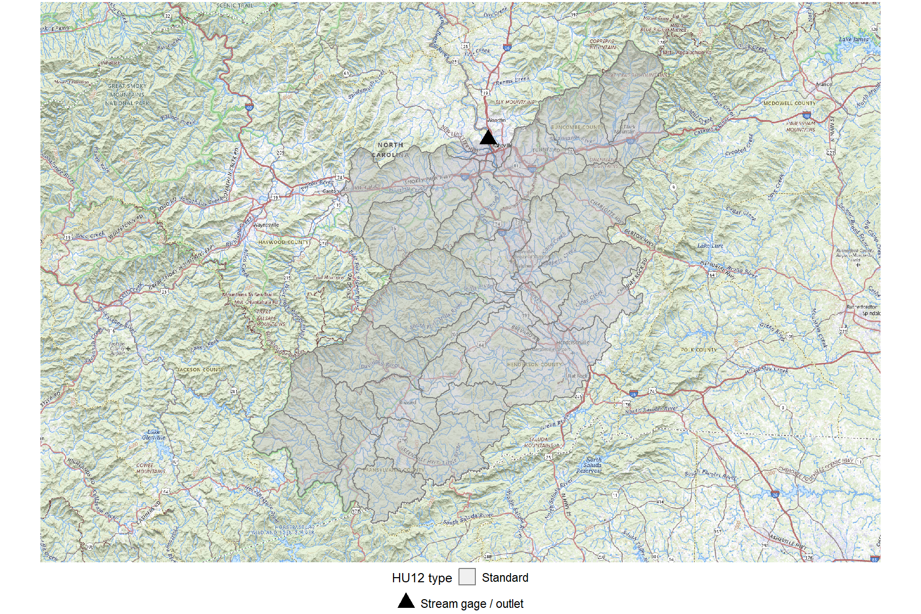 Map of the French Broad River basin showing HU12 type classification, with every HU12 unit rendered as light grey (Standard type) over Appalachian terrain.