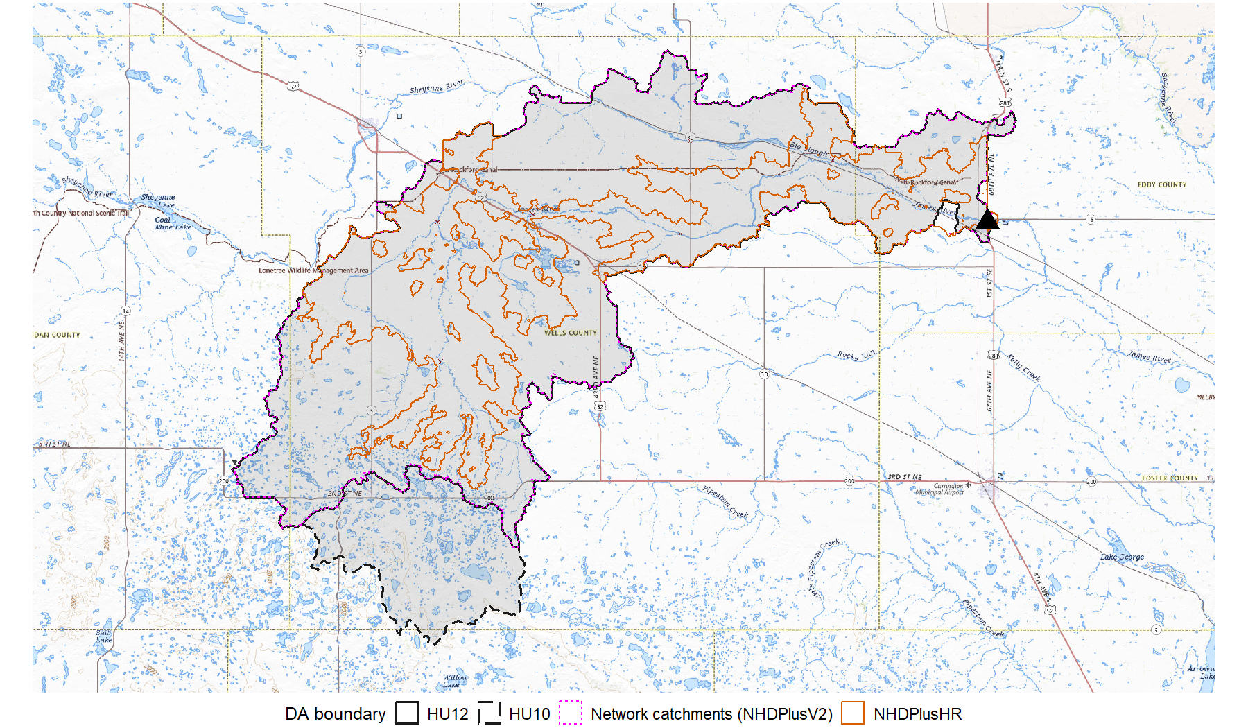 Map of the James River basin near Grace City, North Dakota, showing drainage area boundaries from HU10, HU12, and network catchment sources. The HU10 boundary extends south into pothole terrain beyond the HU12 and network catchment boundaries.