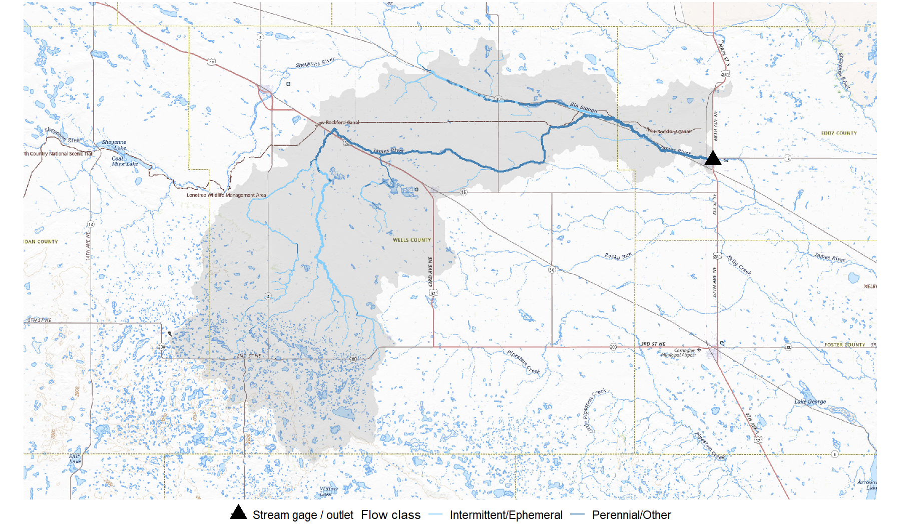 Stream network map of the James River basin showing perennial flow on the main stem and intermittent reaches throughout the upper basin, with many small lakes and potholes scattered across the glacial landscape.