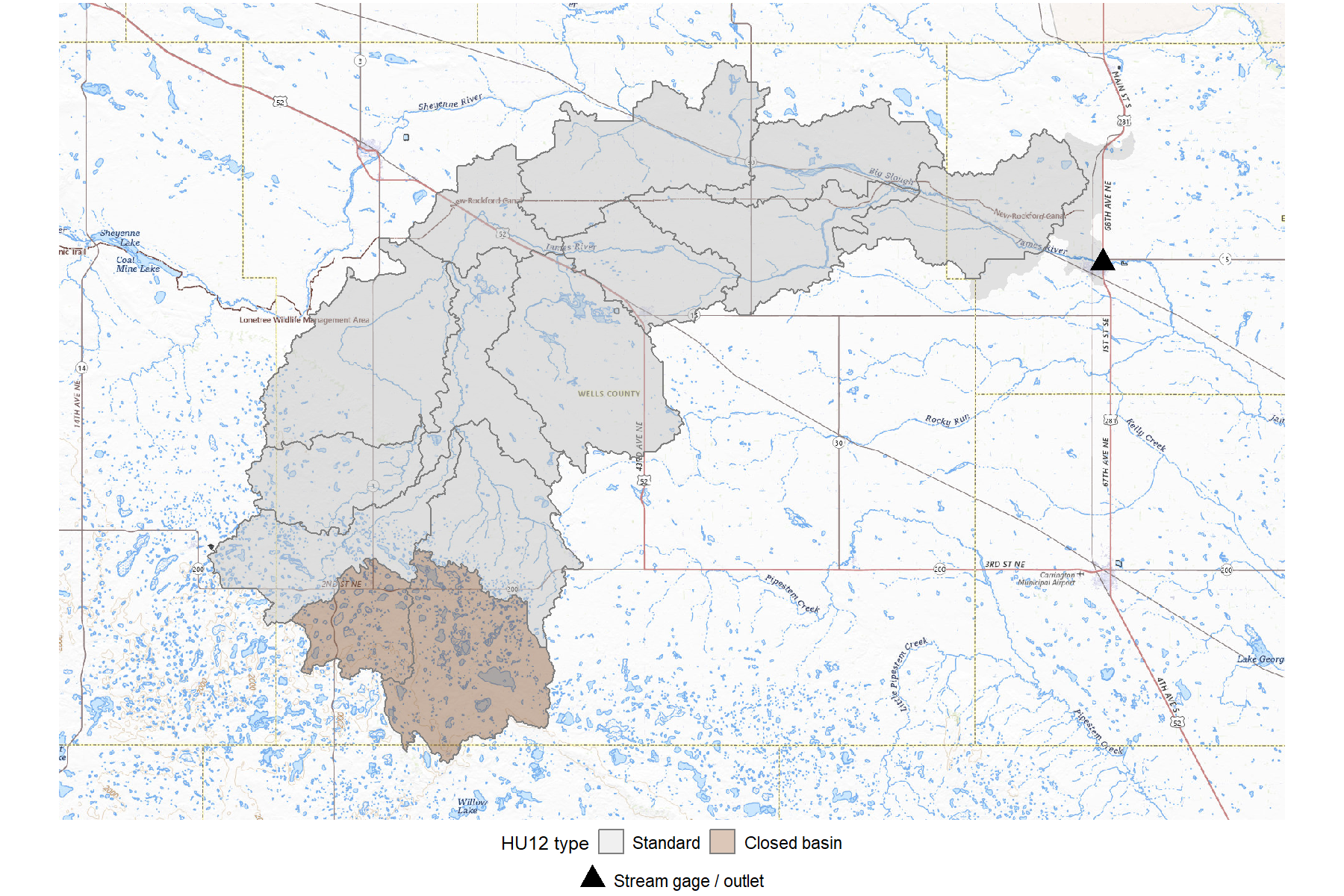 Map of the James River basin showing HU12 type classification, with two brown Closed-basin HU12s in the upper prairie-pothole headwaters and light grey Standard units across the rest of the basin.